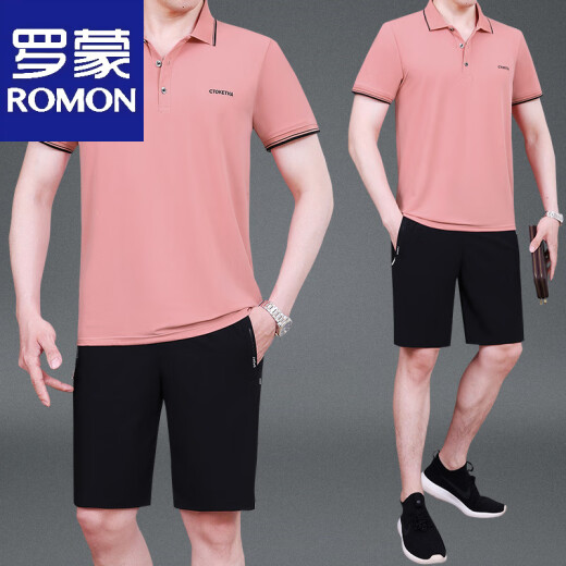 罗蒙夏季款中老年男士爸爸装翻领薄款冰丝短袖短裤宽松运动服套装 691牛仔蓝 L 建议斤----120斤【体恤+裤子】