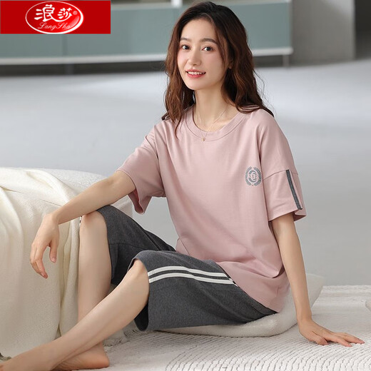 浪莎睡衣女夏天纯棉全棉七分裤套装夏季中老年妈妈大码短袖家居服 NXF-9853丹红 M 【建议体重：80-100斤】