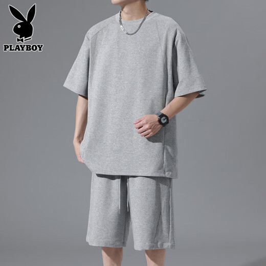 
Playboy (PLAYBOY) high-end suit men's short-sleeved T-shirt shorts 2025 summer trend black sports and casual two-piece set fashion 5364 black [set] 5XL [181-210]