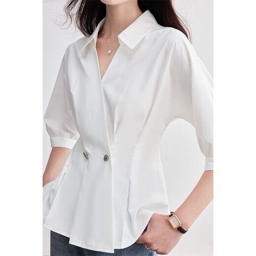 
Shangdu Bila light and fashionable commuting shirt for women with five-point sleeves and temperament design double-breasted placket waist shirt
