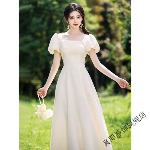 Zhenji 2025 New Champagne Color Bridesmaid Dresses Slim Fit Sisterhood Temperament Evening Dress Women B Style Long Skirt Square Neck Puff Sleeves 2XL Recommended 120-135 Jin Jin is equal to 0.5 kg