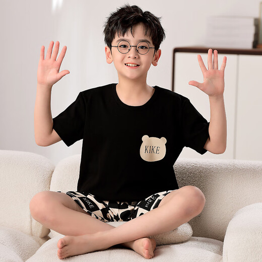 曼妮朵儿童睡衣夏季纯棉短袖长裤可爱卡通青少年学生男孩男童薄款家居服 F724【双短】 165 L码建议160-165cm