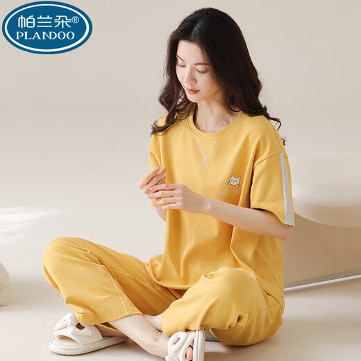 帕兰朵100新疆棉睡衣女短袖长裤夏季韩版女士圆领套装薄款全棉外穿家居 RN9712#短袖长裤 纯棉 M (80-100斤)