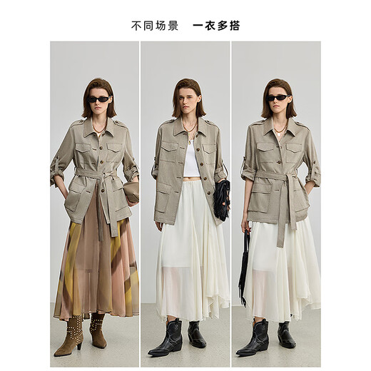 LILY2025秋新款莱赛尔亚麻混纺复古法式宽松休闲通勤工装短外套女 715灰棕 L