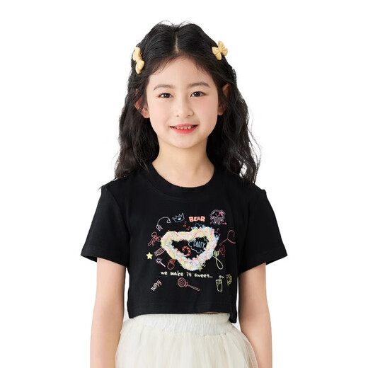 moonkids童装女童短袖T恤2025夏季薄款儿童短款印花上衣女孩夏装新款衣服 19118黑色短袖 170 cm