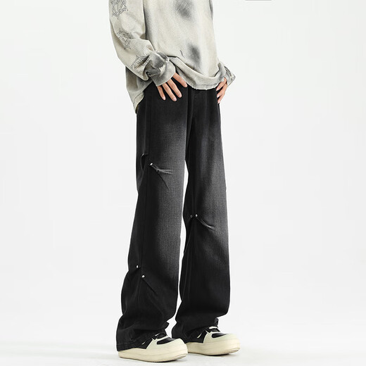MONPOC American jeans men's spring, autumn and winter retro trendy loose straight casual pants MON02 black gray 2XL