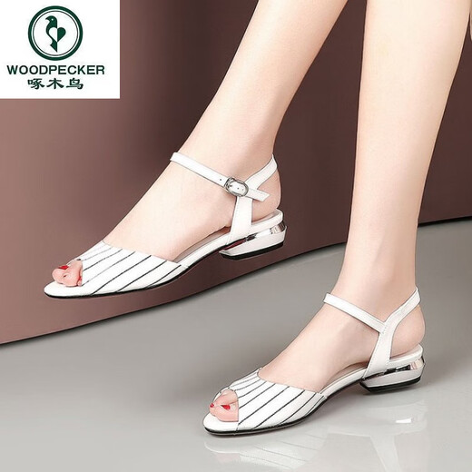 Woodpecker brand fishmouth shoes flat heel 2025 summer new style empty one-liner sandals women's shoes European and American women's shoes black 41