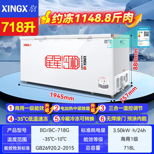 星星(XINGX)冰柜商用大容量全冷冻全冷藏冷柜卧式冰箱单温718g一级能效保鲜冷藏柜速冻柜BD/BC-718G