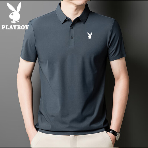 花花公子（PLAYBOY）高端短袖polo衫男款夏季薄款翻领冰丝t恤男商务休闲体恤上衣舒适 雾霭蓝-12358C-冰丝POLO衫 L 110-125斤