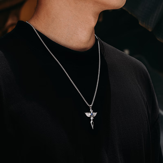 Mingyang Decorative Sea can be engraved 925 sterling silver angel wings necklace men's trendy cross pendant birthday gift for boyfriend angel wings sterling silver pendant + steel chain-60cm