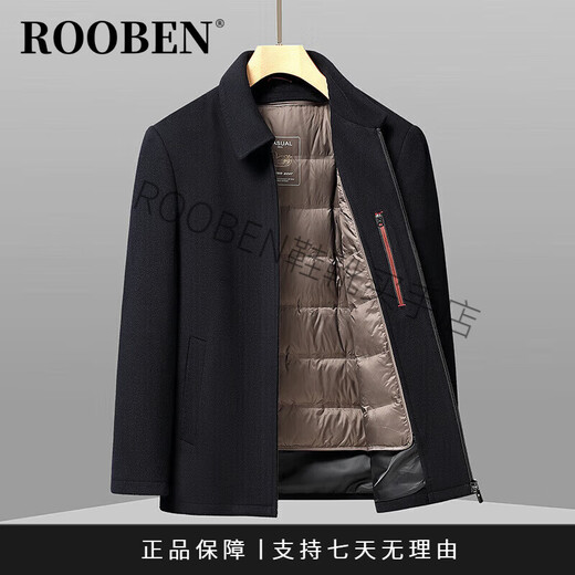 ROOBEN奢侈高端品牌男装高档秋冬新款羊毛呢大衣外套男可拆卸鹅羽绒内胆 黑色 L