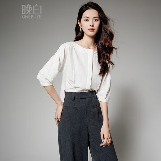 Late White New Product 2025 Autumn Skin-Friendly Korean Style Shirt Temperament Round Neck Age Reduction Fashion Shirt Women White L