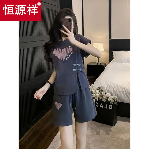 Hengyuanxiang new Chinese suit for women 2025 summer new style button Chinese style casual sportswear printed shorts shorts two-piece set dark gray S