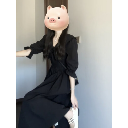 棉致法式赫本风连衣裙女2025年夏季新款高级感独特收腰显瘦茶歇长裙 黑色 M 100-110斤