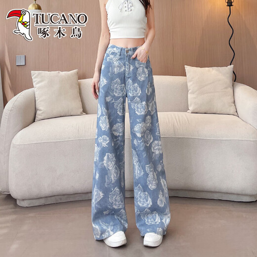 Woodpecker printed wide-leg jeans for women in 2025 new summer thin style super hot Chinese style draped lazy straight pants for women blue trousers 2XL [135-150Jin[Jin equals 0.5 kg]]