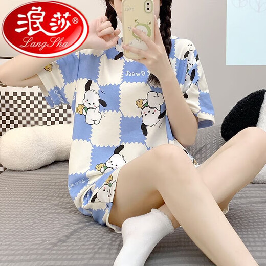 Langsha cotton pajamas for women short-sleeved cartoon round neck loose large size shorts student home clothes summer thin suit skin color 1047 puppy M