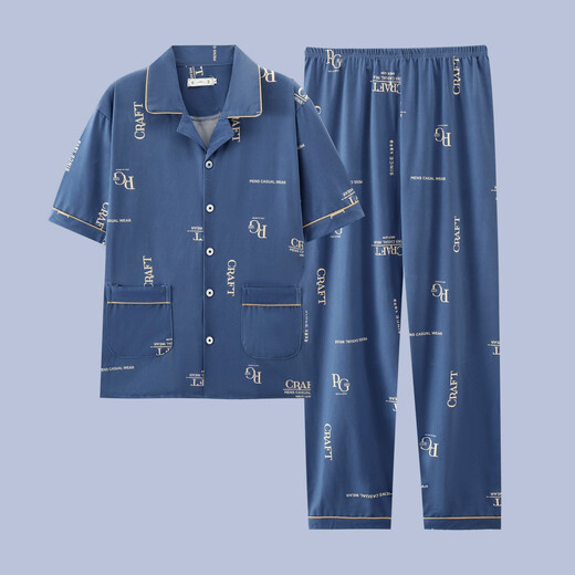 雅朵拉男士睡衣夏季短袖长裤纯棉薄款青少年家居服可外穿加大码休闲套装 g3884蓝色-短袖长裤 XL 建议120-140斤