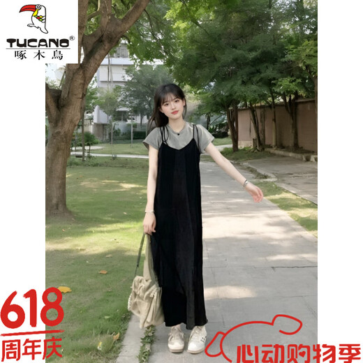 啄木鸟（TUCANO）【高品质】吊带连衣裙套装简约慵懒风甜美系带直筒裙叠穿灰色T恤 连衣裙子 S