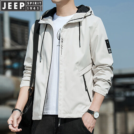 JEEP SPIRIT连帽薄款夹克205春秋青年短款外套纯色休闲上衣 K12131黑色 M 【建议100-110斤】