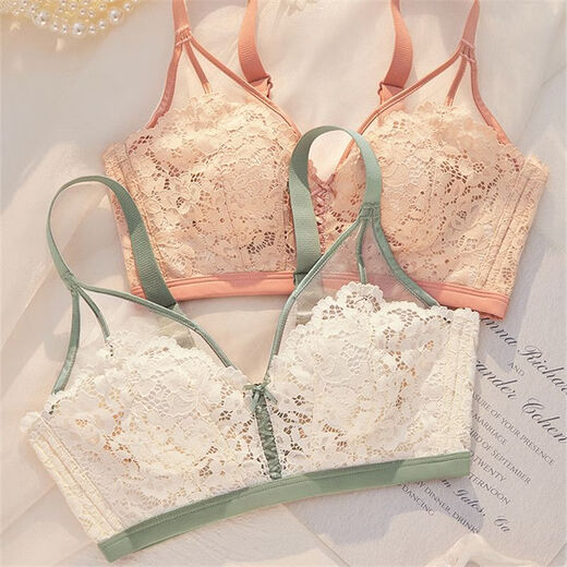 Yalu-Sommerunterwäsche für Frauen mit großen Brüsten, kleinen Brüsten, großer Größe, Brüste, Anti-Sagen, Spitzen-BH ohne Stahlringe, Milch weiß und grün (Set) 75B 34