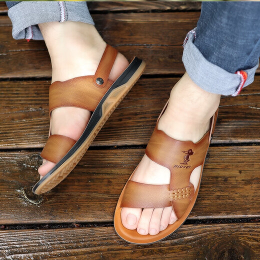 
Woodpecker official brand sandals men's summer 2025 new breathable leather sandals slippers non-slip beef tendon sole beach shoes waterproof and cold 6227 khaki beef tendon sole-flagship model 37