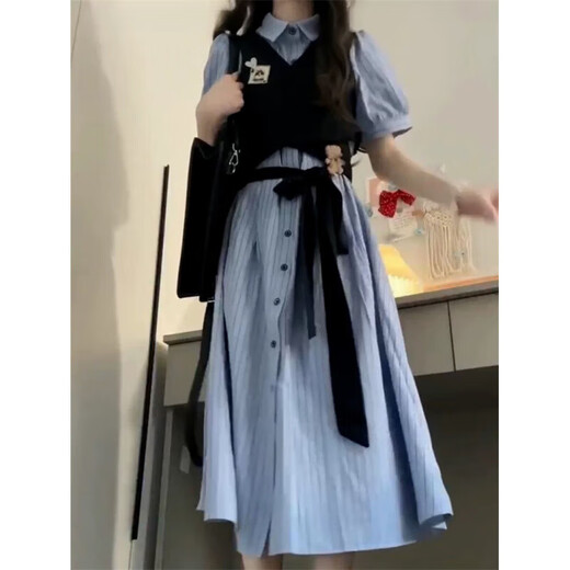 Booth sage [9742 people collect] New French style waist-hugging striped fake two-piece dress for girls mid-length dress fake two-piece dress [brand high quality] M