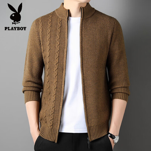 花花公子（PLAYBOY）开衫毛衣男士立领毛线衣秋季新款潮牌休闲针织衫外套男 A32305米白 M 【90-110斤】