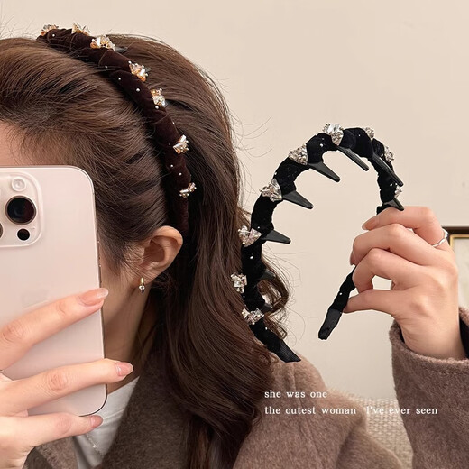 Temperament rhinestone velvet webbing tooth headband women's hair pressing face wash headband high skull top broken hair finishing artifact hair accessory black headband