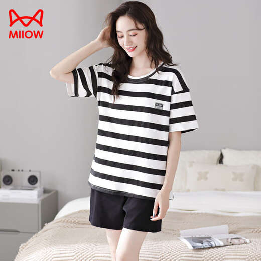 Catman (MIIOW) 2025 PAJAMAS POUR FEMMES EN SUMBRE CORTON PURS POUR STRIPES SUMBRES STYLE MINÉE POUR LES VOITS ESTES ENSEMBLE YZT9885 M RECOMMANDÉS 80-100JIN [Jin est égal à 0,5 kg]