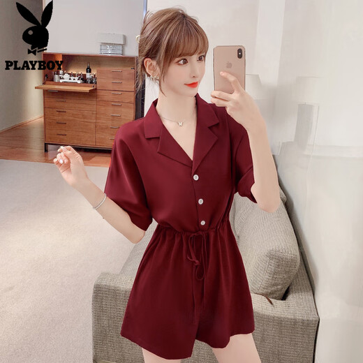花花公子;PLAYBOY工装雪纺连体裤套装2025夏季新款薄款显瘦阔腿短裤高腰连衣裤女装 墨绿色 2XL