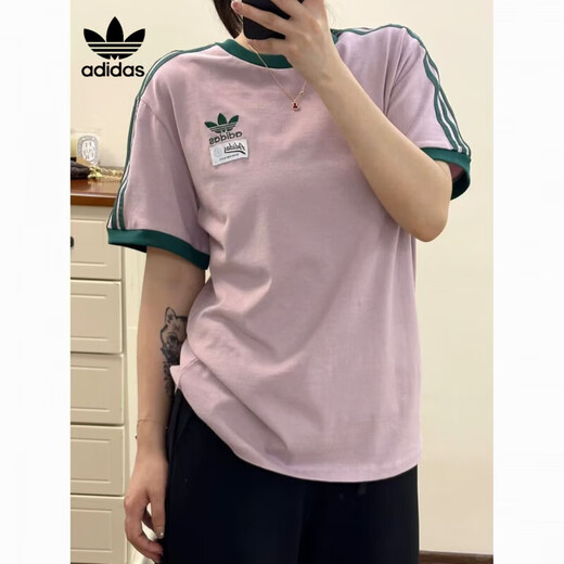 阿迪达斯 （adidas）三叶草夏季新款纯棉短袖女士刺绣休闲宽松运动百搭圆领T恤 9893短袖 粉紫 XS