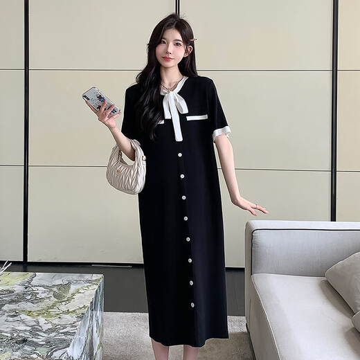 婧麒（JOYNCLEON）孕妇装新款孕期洋气大码孕妇连衣裙孕妈高级穿搭孕妇裙子夏装 黑色 L