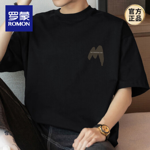 Romon (Romon) 260G American Heavy Gewicht T-Shirt Herren-kurzärmelige reine Baumwoll-Runde Hals Top Sommer Trendy Lose halbärmelte T-Shirt M09-694 Weiß L [120-140jin [Jin gleich 0,5 kg]]]