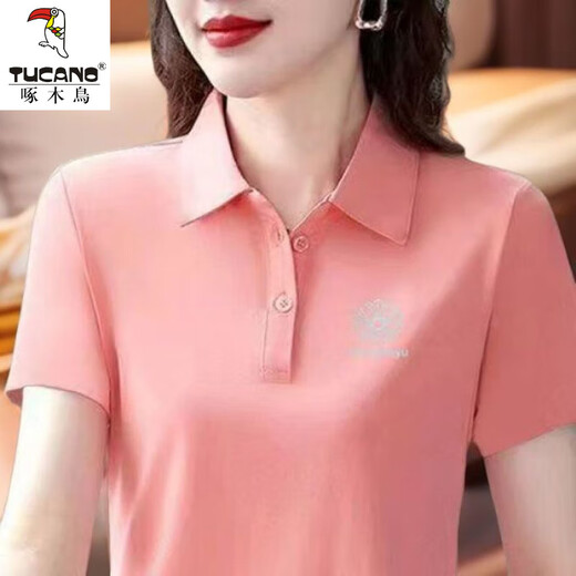啄木鸟休闲polo衫短袖T恤女夏季新款中年妈妈装宽松大尺码显瘦翻领上衣 YC-6629玫红色 M 【建议85-100斤】