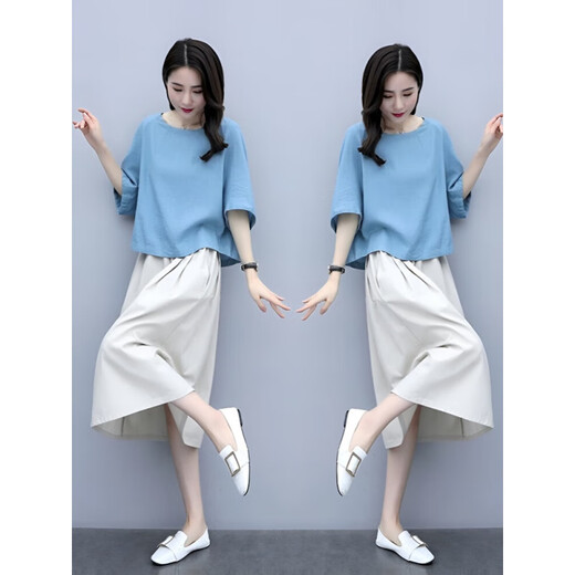 Hengyuanxiang cotton and linen dress for women loose 2025 summer new product casual age-reducing two-piece set temperament linen fashion suit white top + beige skirt S [80-105Jin[Jin equals 0.5 kg]]