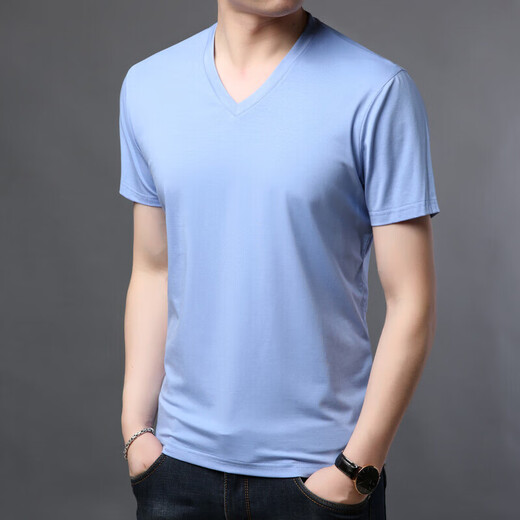 
HaiLan Home (HLA) Summer Men's Short Sleeve T-Shirt Modal Solid Color V Neck Ice Wire Thin Middle-aged Casual Cotton T-Shirt Top 9901-Gray One Size 180