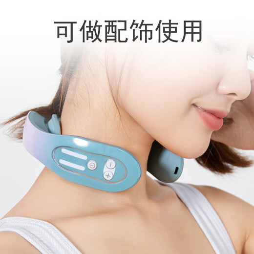 颈椎按摩器护颈脉冲办公颈部按摩颈椎仪全电动热敷家用礼物疲劳 浅灰色 中文包装