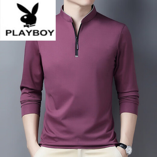 Playboy (PLAYBOY) pure cotton long-sleeved T-shirt men's casual thin T-shirt top summer spring autumn winter middle-aged men's stand-up collar bottoming long-sleeved 6625 dark blue thin section L 170 recommended 120-140 Jin Jin equals 0.5 kg