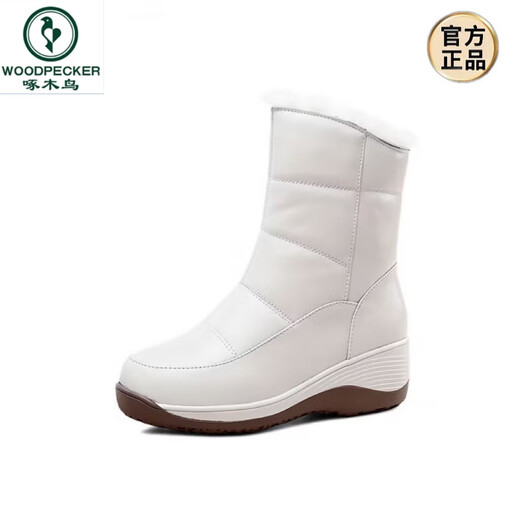 Spechtschnee Stiefel für Frauen plus Fleece verdickte Frauen 2024 Neue Winter echte Lederwolleschuhe integriert Fleece Real Mund Midrohr Stiefel 9-39-907 Weiß [dickes Samt warm] 40