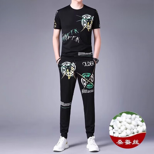 JEEP SPIRIT casual suit men's summer short-sleeved mulberry silkworm ice silk handsome match with Korean style fashion print trend 9227 black 3XL 185