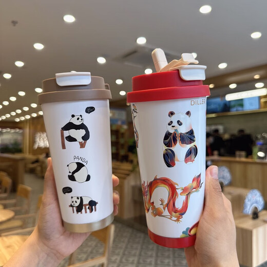 咏幻高颜值316不锈钢保温杯熊猫创意可爱呆萌便携杯子免煮焖烧早餐杯 9201-520ML送杯刷