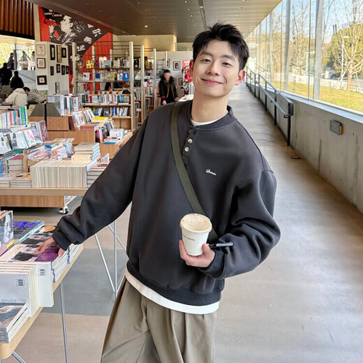 Muwei Retro Solid Color Henley Collar Sweatshirt Long Sleeve Men's Spring and Autumn 2025 New Casual Loose Versatile Top Jacket White Gray XL Recommended 130-150 Jin Jin equals 0.5 kg