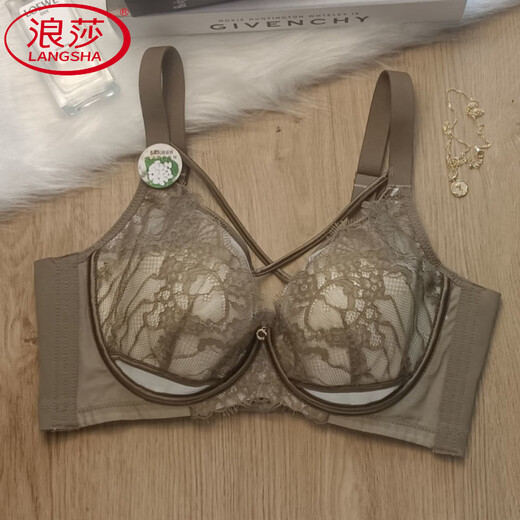 浪莎（LangSha）品牌专柜内衣女夏季薄款大胸显小调整型收副乳防下垂聚拢上托文胸 橄榄绿套装轻薄有型 大胸显小 75B 34C通用