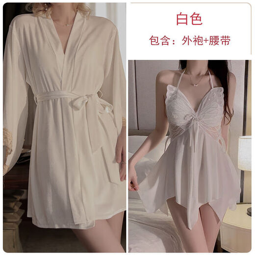 画枕眠（HUAZHENMIAN）连衣裙瑰若感深V惑蝴蝶蕾丝加垫丝绒吊带睡裙外袍家居服装4053 3879黑色（外袍+腰带）+睡裙 M