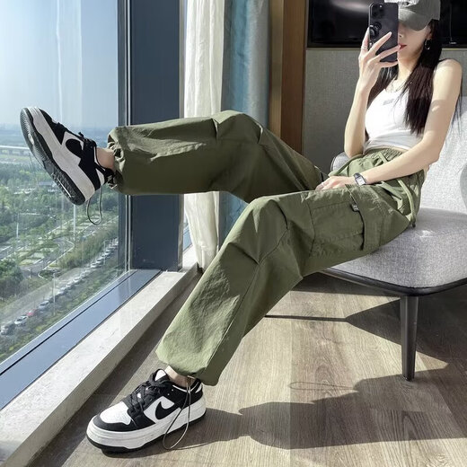 Lässige einfache Dopamin-Verschleiß-Arbeitshose für Frauen im Frühling und im Sommer Drawess Hip-Hop Dünne Drop-Feel Weitbein-Bodenhose My-689 Black XL