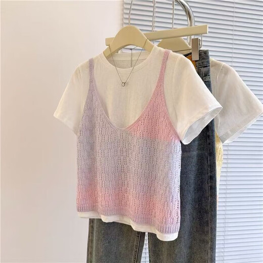 KUZHANG 2025 dopamine knitted suspenders with short-sleeved knitted top two-piece set 2025 summer new fashion wear pink and purple vest e854# XL recommended 120-140Jin Jin equals 0.5 kg