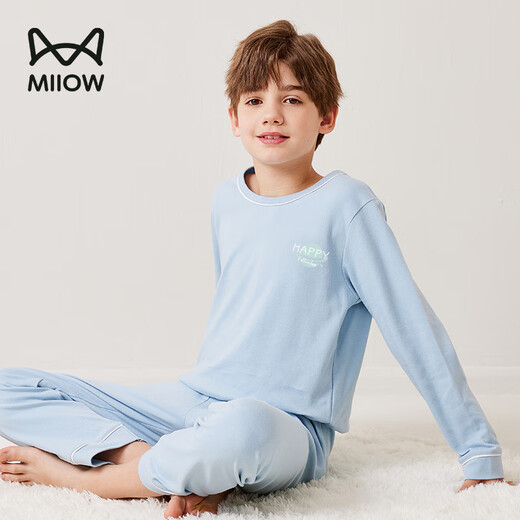 Gato hombre niño pijamas niños pijamas algodón puro manga larga primavera y otoño medio y niño grande ropa casera azul gris 150