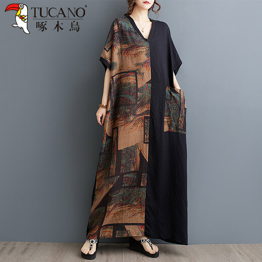 Woodpecker exports Thai fat M girls thin cotton and linen printed splicing tensile slim belly covering to make you look slim V-neck short-sleeved contrasting color long dress 9856# blue splicing, one size, 100-200 Jin [Jin equals 0.5 kg]
