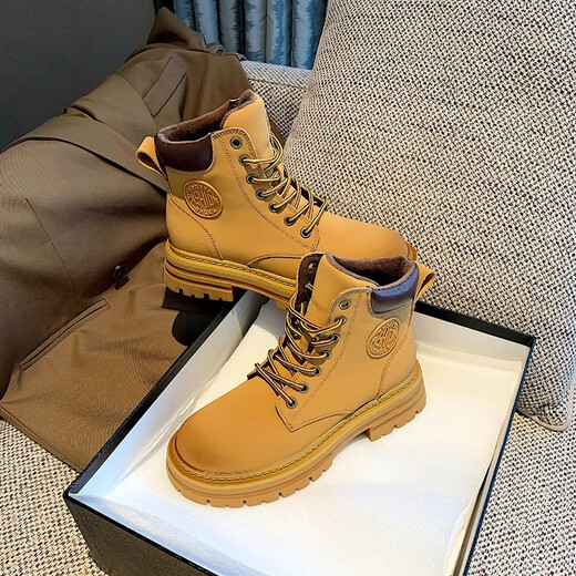 Planaling Martin Boots Chaussures pour femmes en cuir grosses bottes jaunes épaisses Sole Toe rond Talon épais Top haut à lacets Casual Versatile Fashion Classic Style Geuthe Super Cuir gros Bottes jaunes 6 trous 36