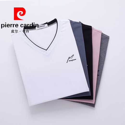 皮尔卡丹（pierre cardin）2025夏季棉质V字领短袖男t恤鸡心领潮牌休闲半截袖简约纯色上衣服 黑色 QY659 M